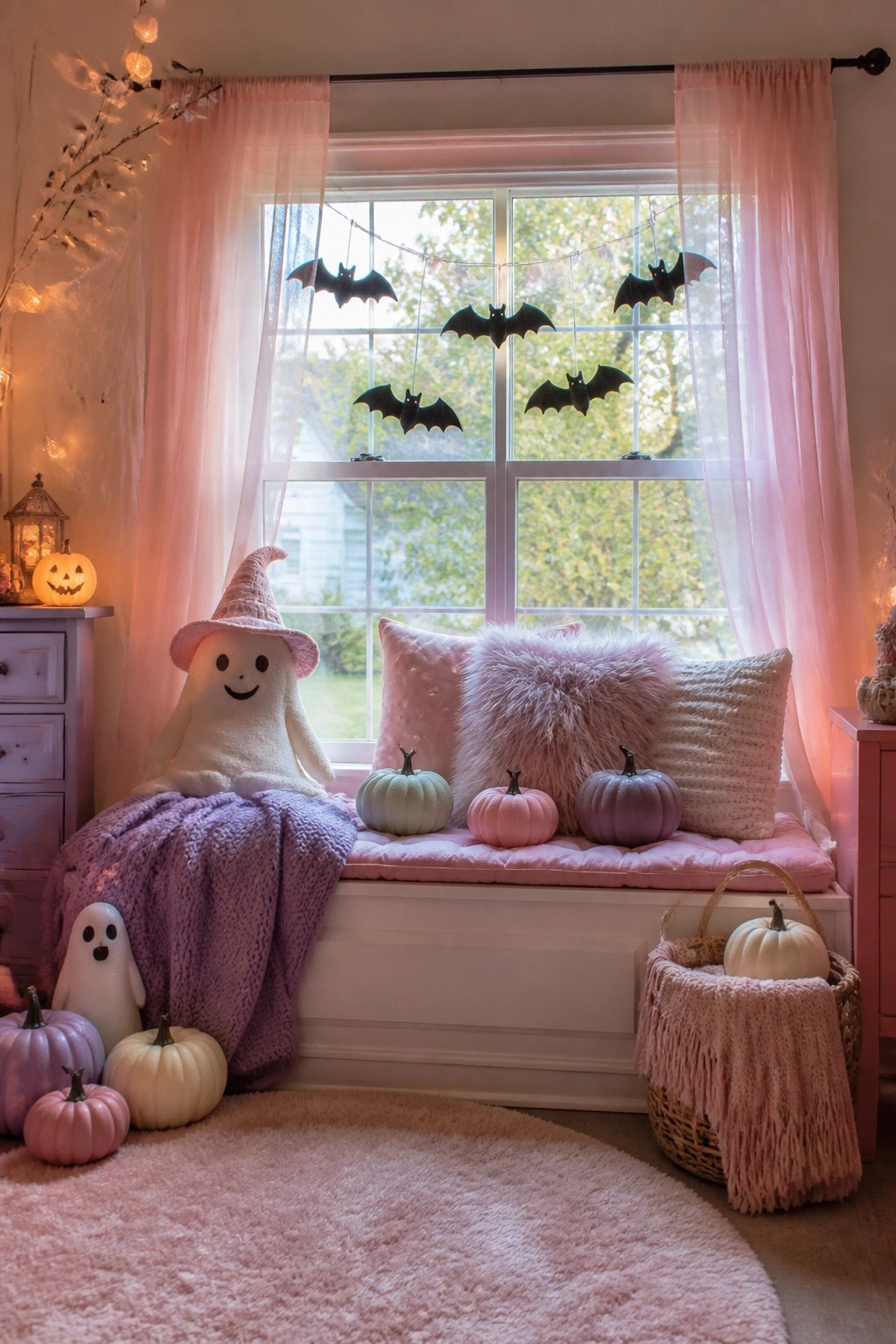 Window seat with hanging black bats, a large ghost in a pink witch hat, and pastel pumpkins arranged on the bench and floor.