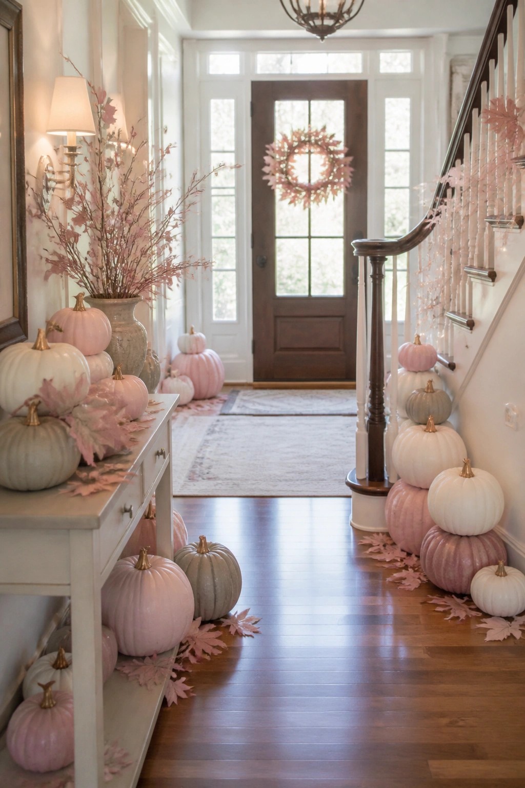 Entryway with stacks of pastel pumpkins in pink, white, and gray tones arranged along a staircase and console table, plus a matching leaf wreath on the front door.
