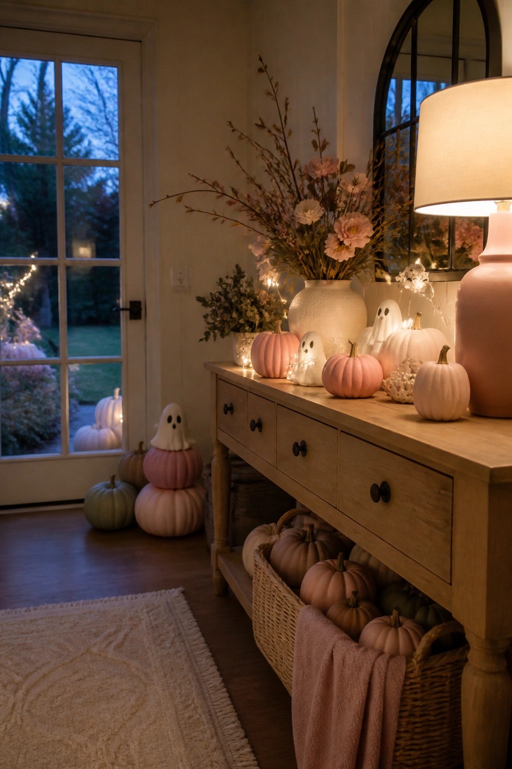 Entryway console table styled with white fabric ghost figures, pink pumpkins, string lights, and a large vase of flowers.