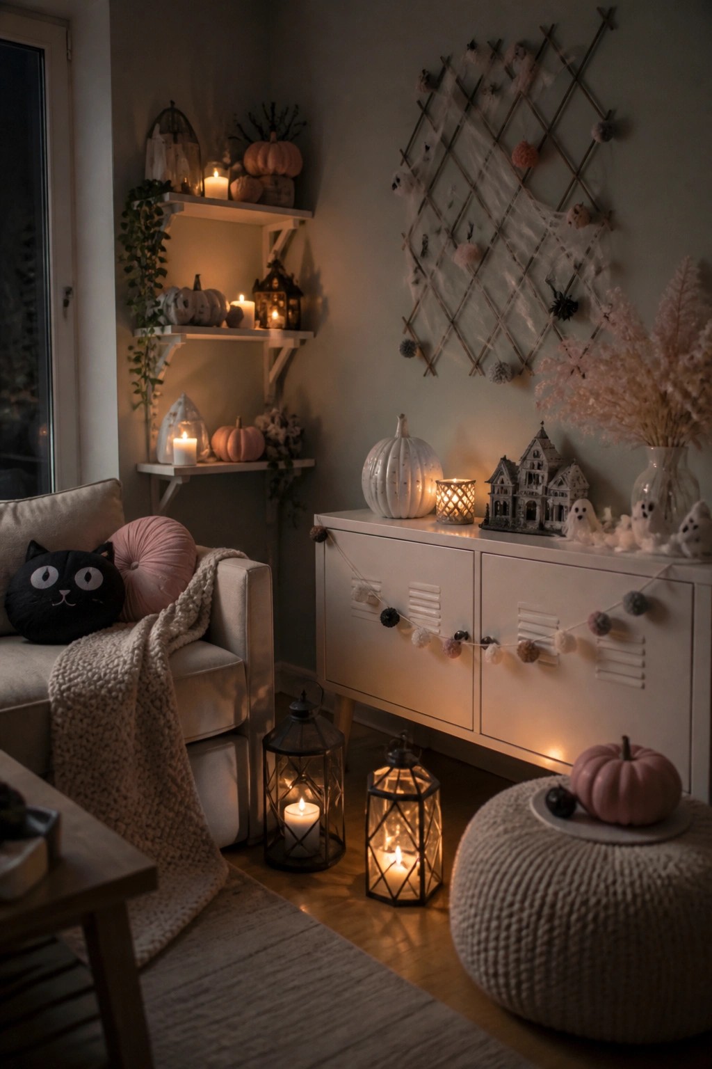 Living room corner with a wooden lattice wall decorated in spiderwebs, small ghosts, and pom poms above a white console holding a haunted house model and more ghost figures.
