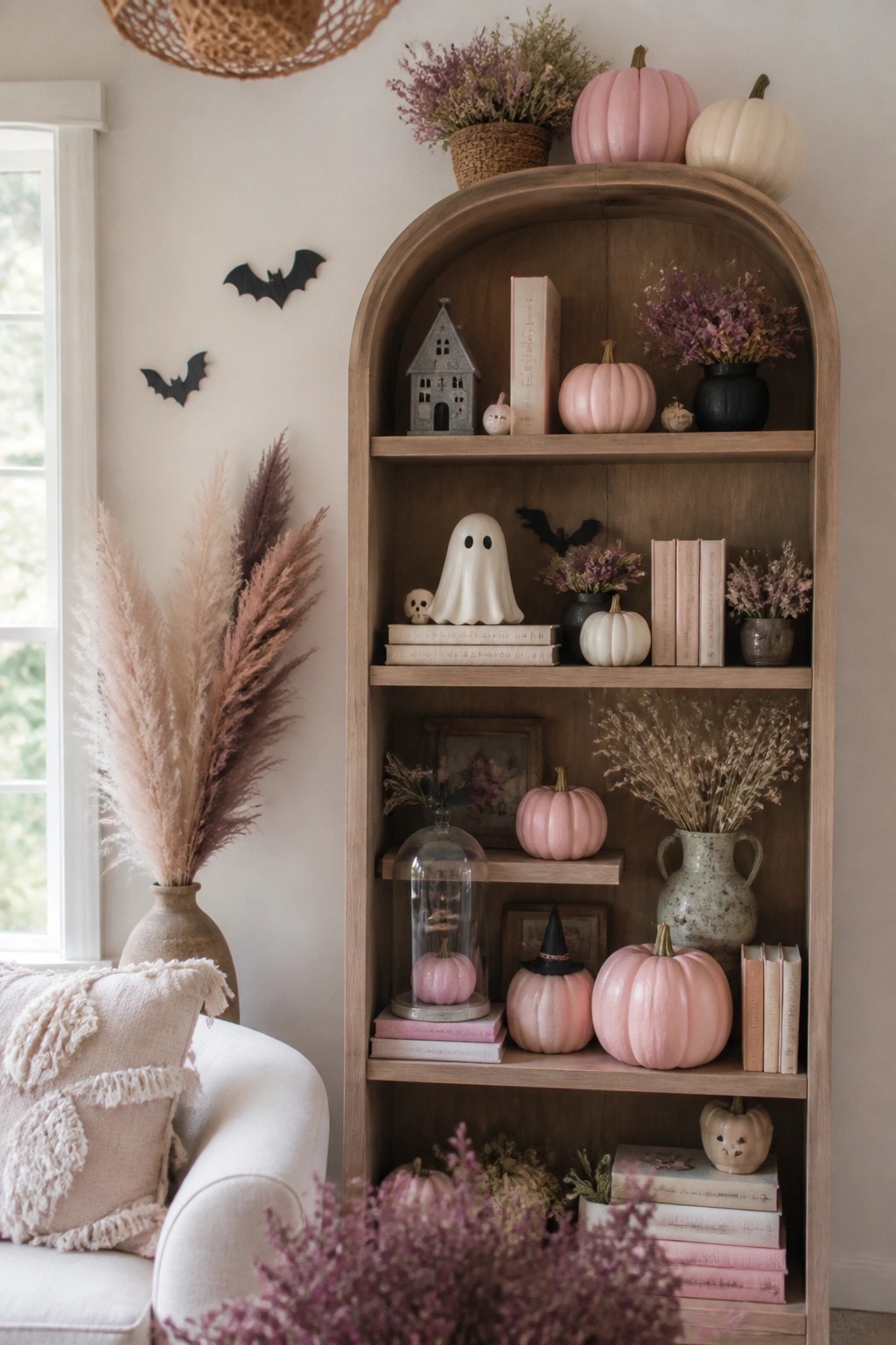 Wooden arched bookshelf styled with a white ghost figurine, black bats, pink pumpkins, books, and dried flowers for a pastel Halloween look.
