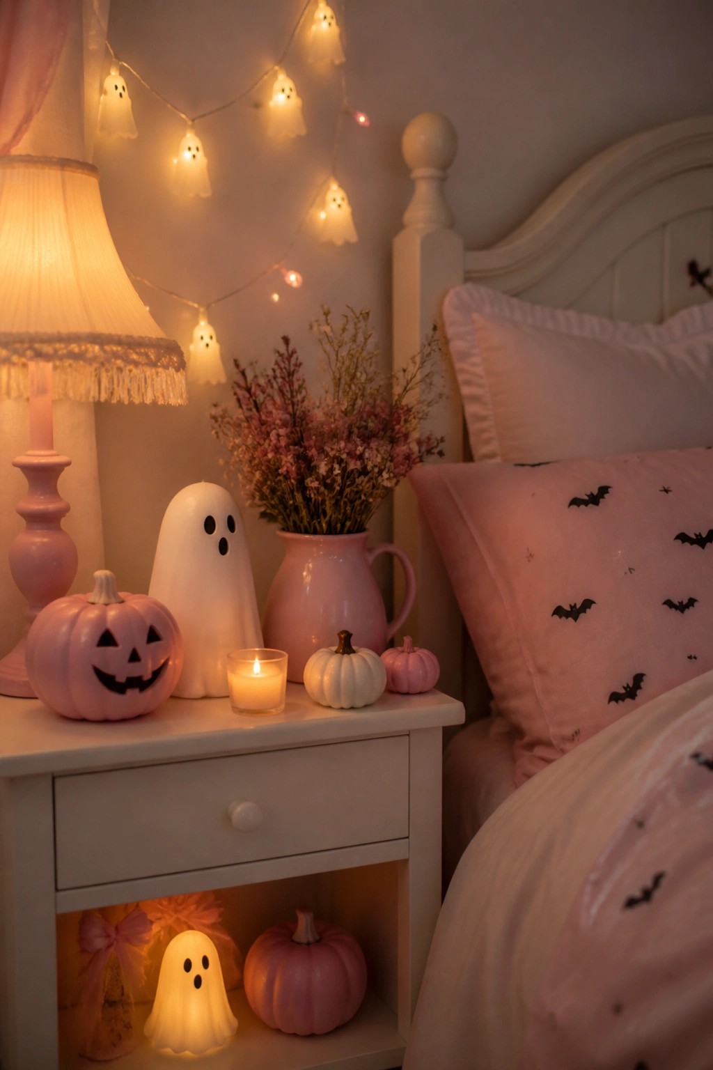 A white nightstand holds a white ghost figurine, pink pumpkins, and a lit candle, with ghost string lights above and bat-patterned pillows visible on the nearby bed.