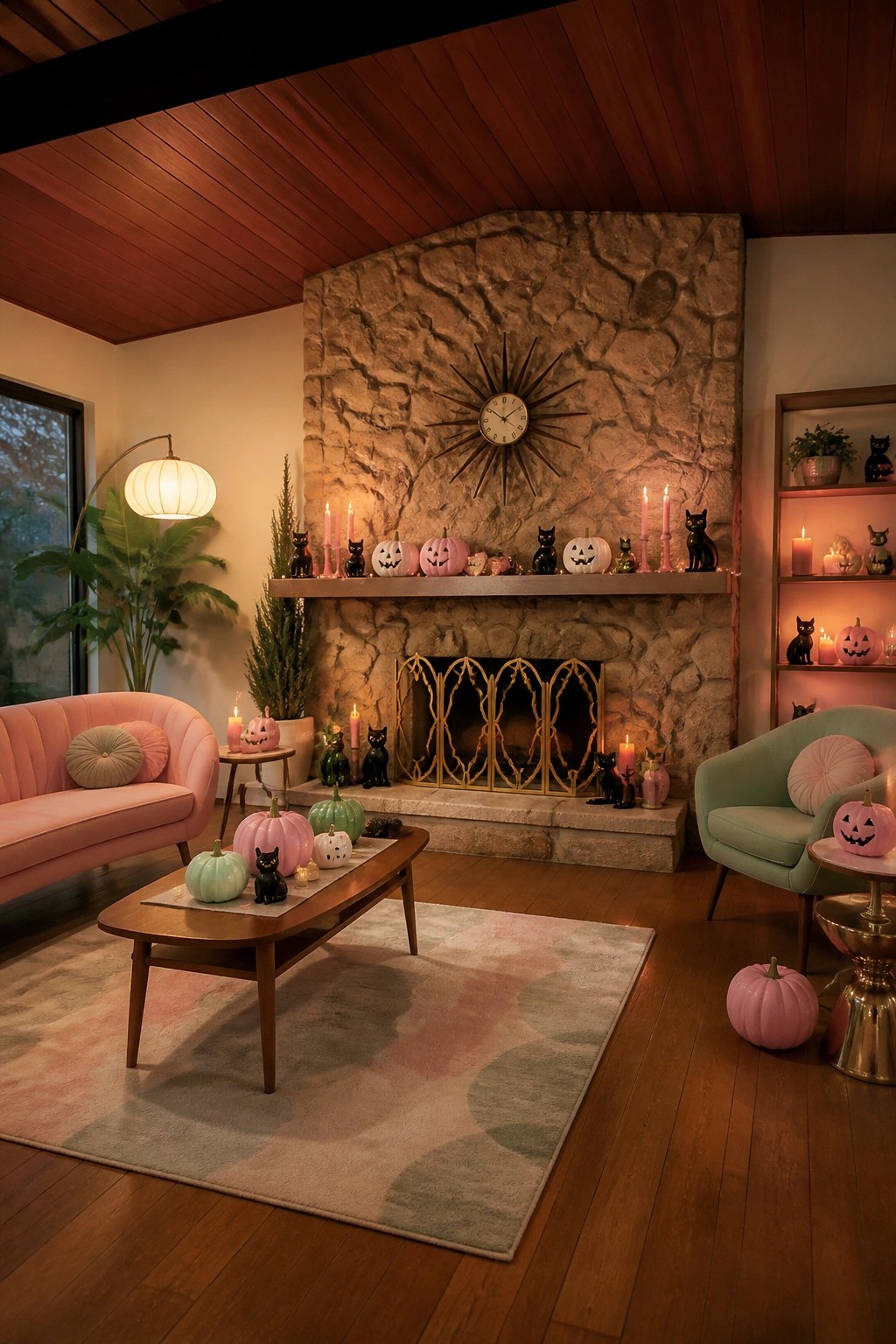 Stone fireplace mantel lined with pastel pink, mint, and white carved pumpkins along with black cat figurines and pink taper candles.