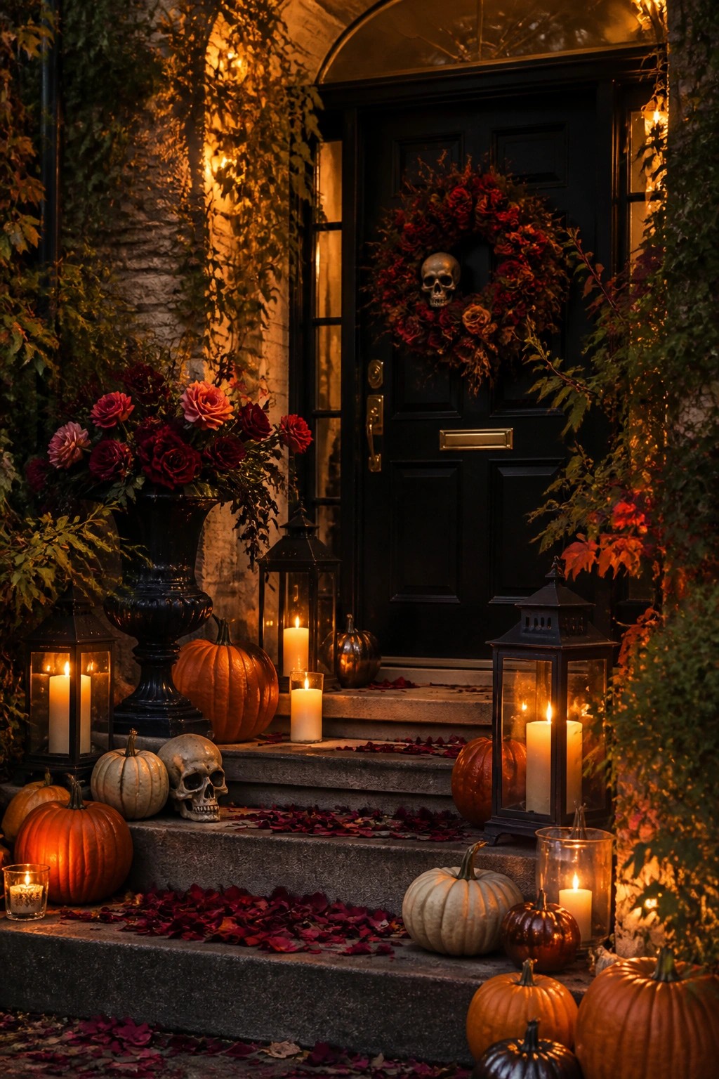 Black front door with a red floral wreath holding a skull, pumpkins and skulls arranged on the steps with lit lanterns.