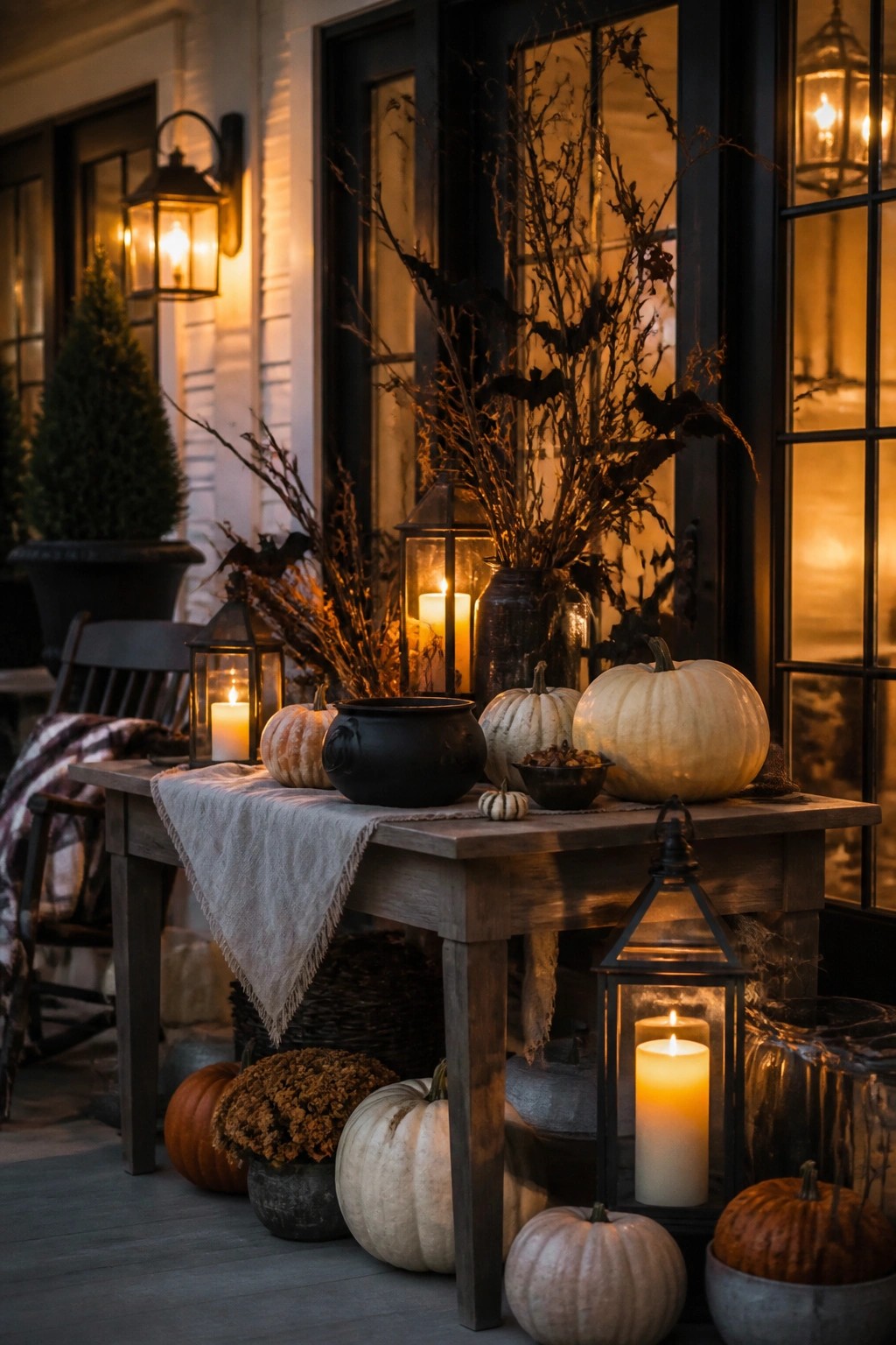 Wooden porch table holding dried branches with black bats, a black cauldron, white pumpkins, and several lit lanterns at dusk.