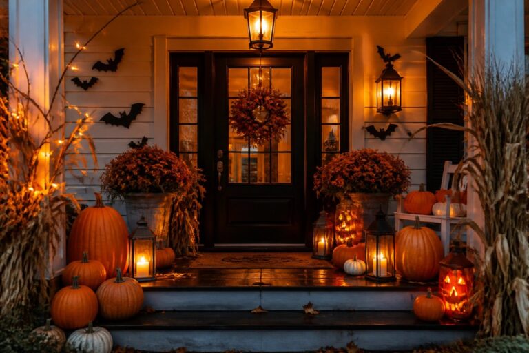 Front porch with many carved jack o' lanterns arranged on the steps and around a dark wooden door, plus black bats on the white siding.