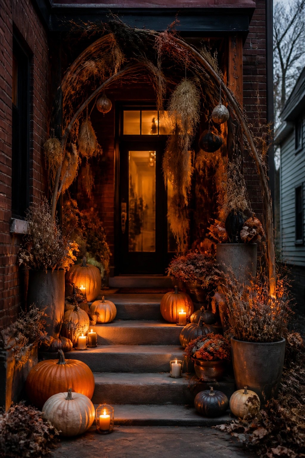 Front porch with a large twisted branch arch framing the black door, surrounded by lit pumpkins and candles on the concrete steps.
