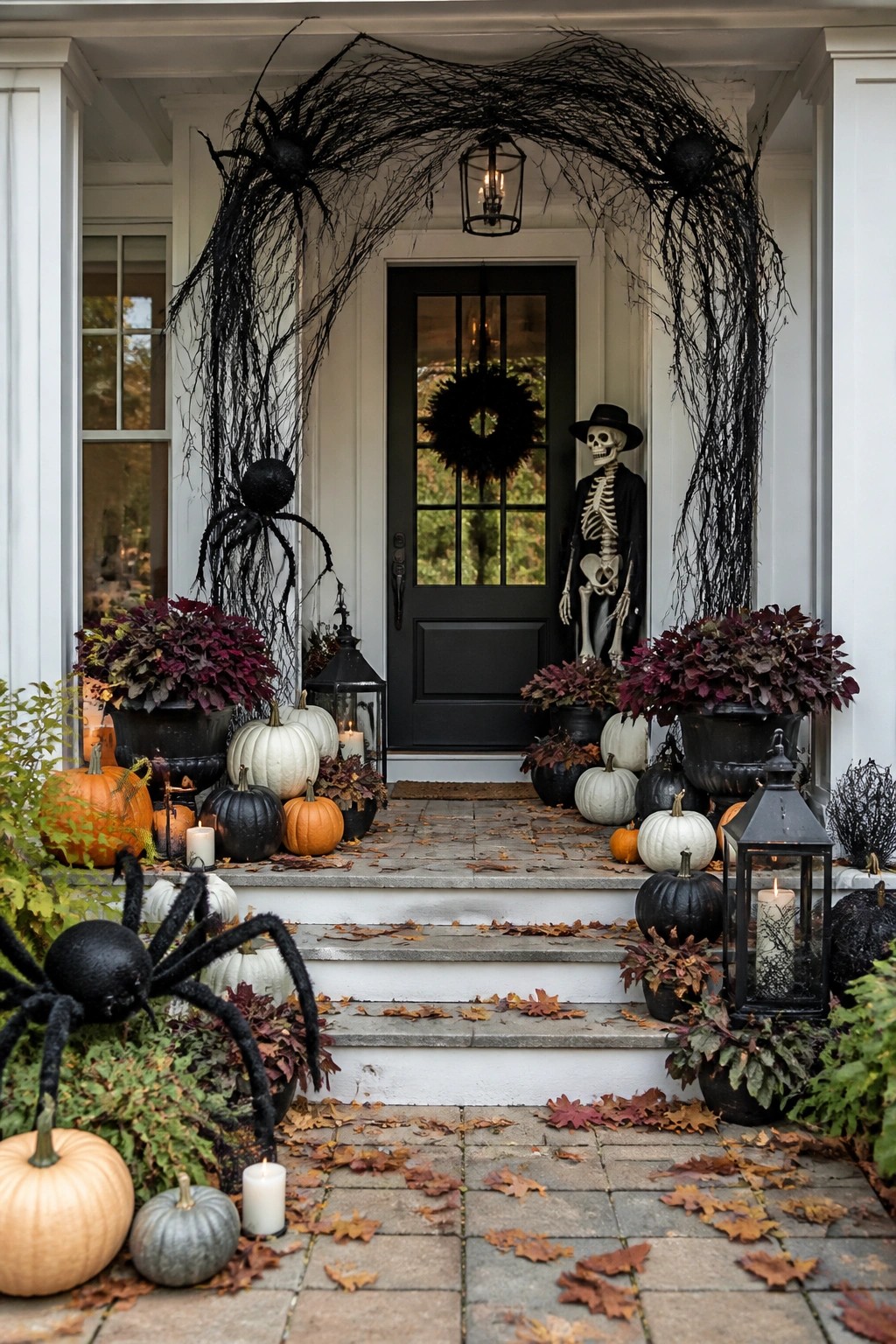 Front porch with a large black branch arch covered in giant spiders framing a dark door, a skeleton figure standing beside it, and scattered pumpkins on the steps.