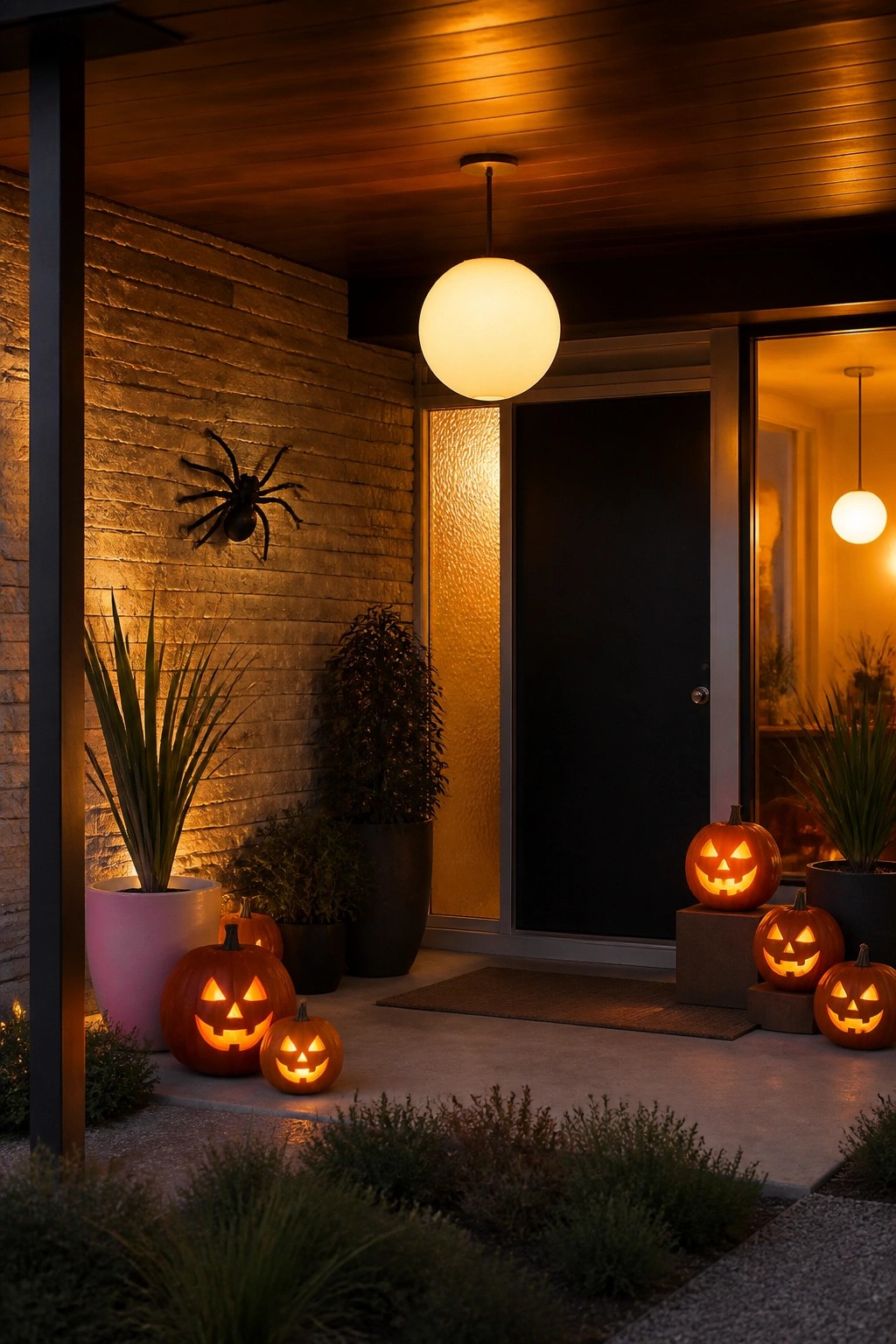 Glowing jack-o'-lanterns and spider on warmly lit Halloween porch at night