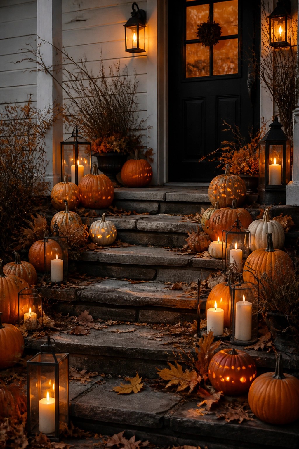 Stone porch steps lined with glowing carved pumpkins and black lanterns filled with white candles.