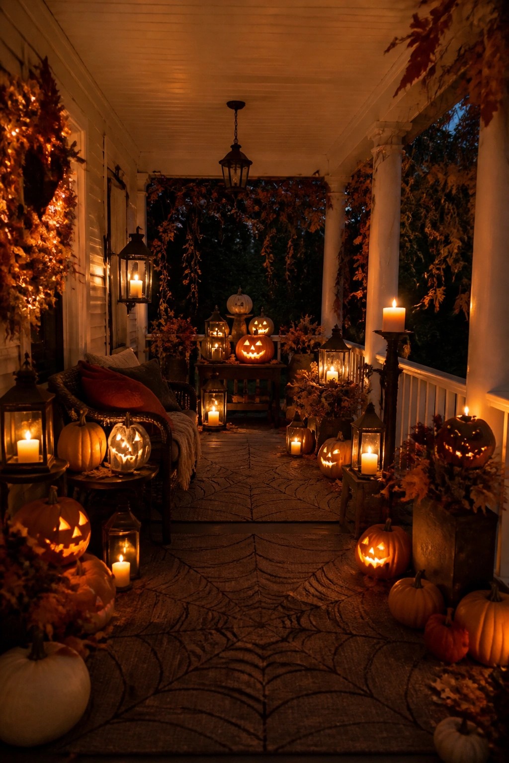 Halloween porch with glowing jack-o'-lanterns, lanterns, spiderweb rug, and autumn leaves