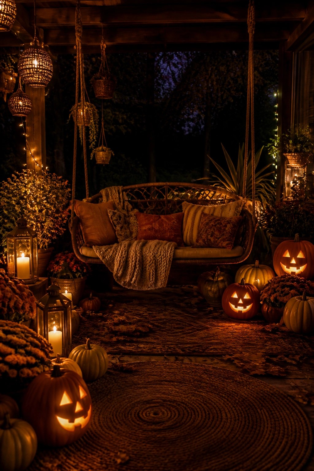 Cozy porch swing with pillows surrounded by glowing jack-o'-lanterns, lanterns, and autumn flowers at night.