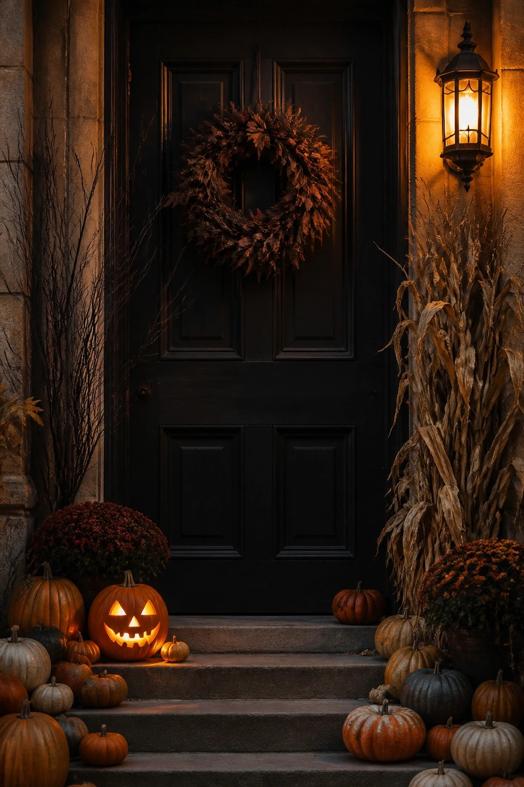 Dark door with leaf wreath, glowing jack-o'-lanterns, pumpkins, and autumn stalks on steps.