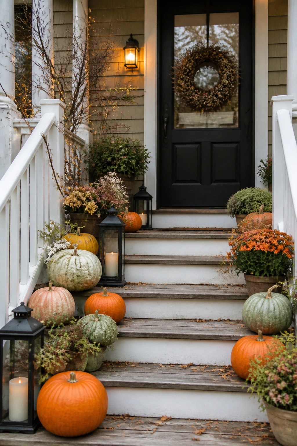 Front porch steps lined with assorted pumpkins and black lanterns beside a black door with a wreath.