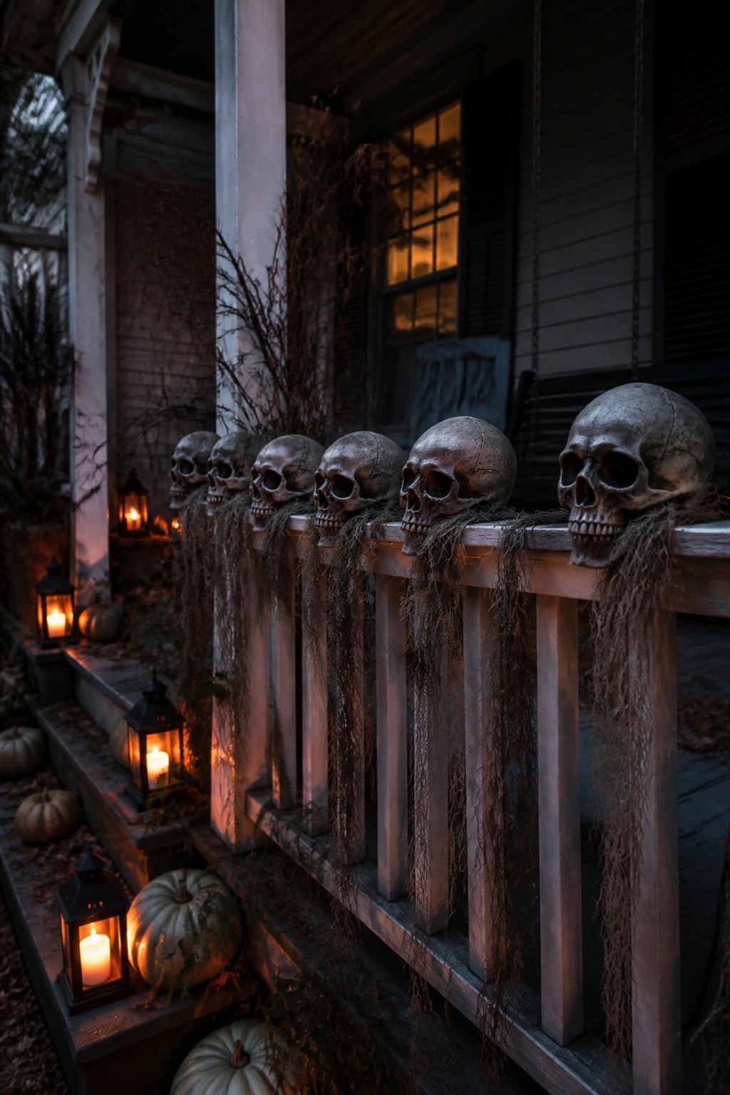 Skulls line a moss-draped porch railing beside glowing lanterns and pumpkins.