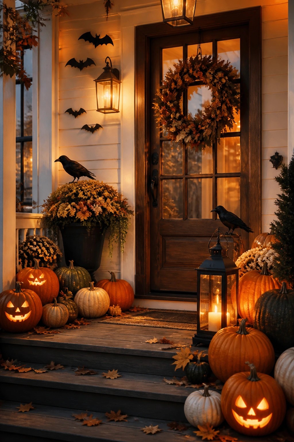 Front porch with many carved jack o' lanterns arranged on the steps and around a dark wooden door, plus black bats on the white siding.