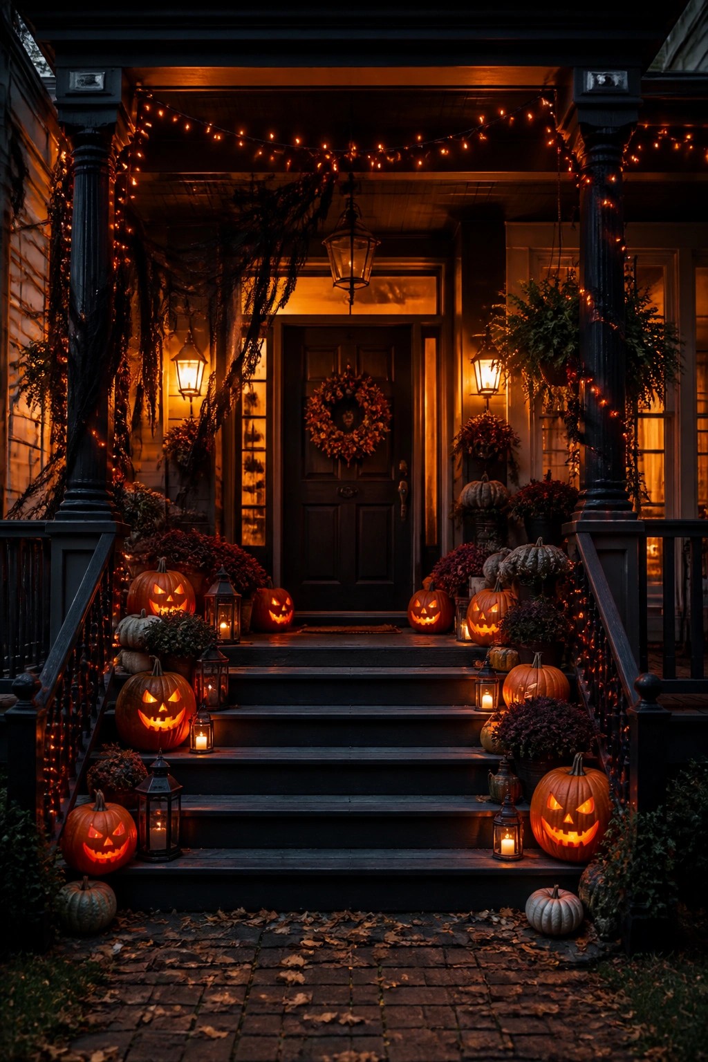 Front porch with multiple carved jack o lanterns arranged on the steps and around the entrance, all lit from within with string lights overhead.