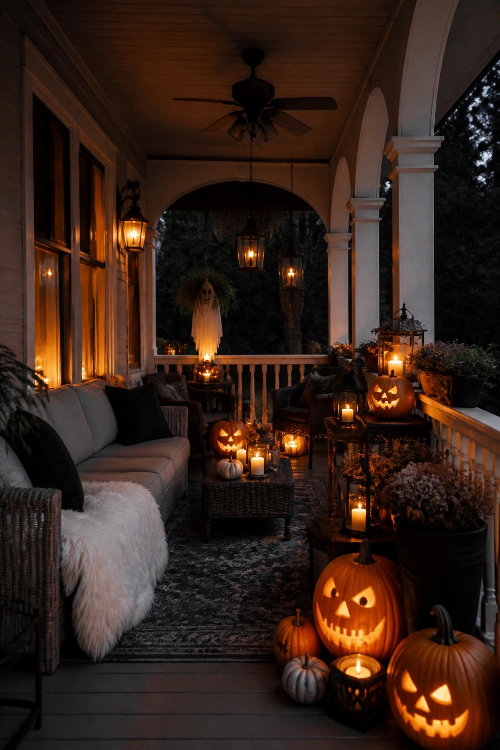 Front porch lined with carved jack o lanterns of various sizes, surrounded by lanterns and candles, with a hanging ghost visible in the background.