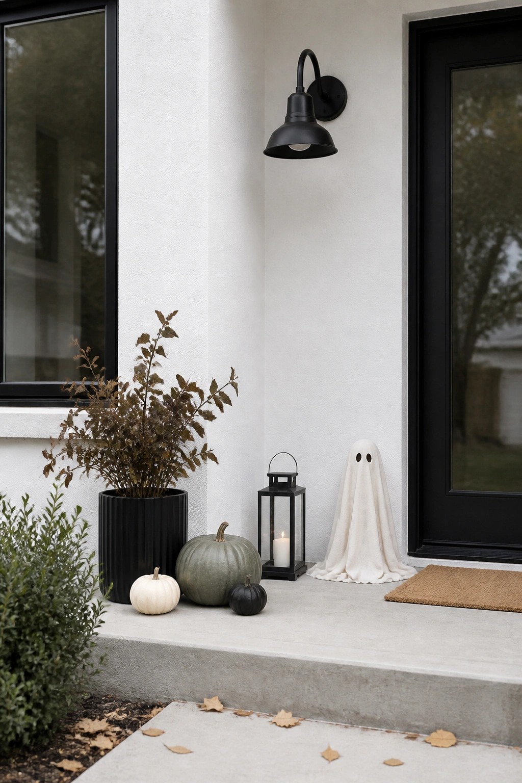 Front porch with a white sheet ghost standing near a black door, accompanied by a lit lantern and several pumpkins.