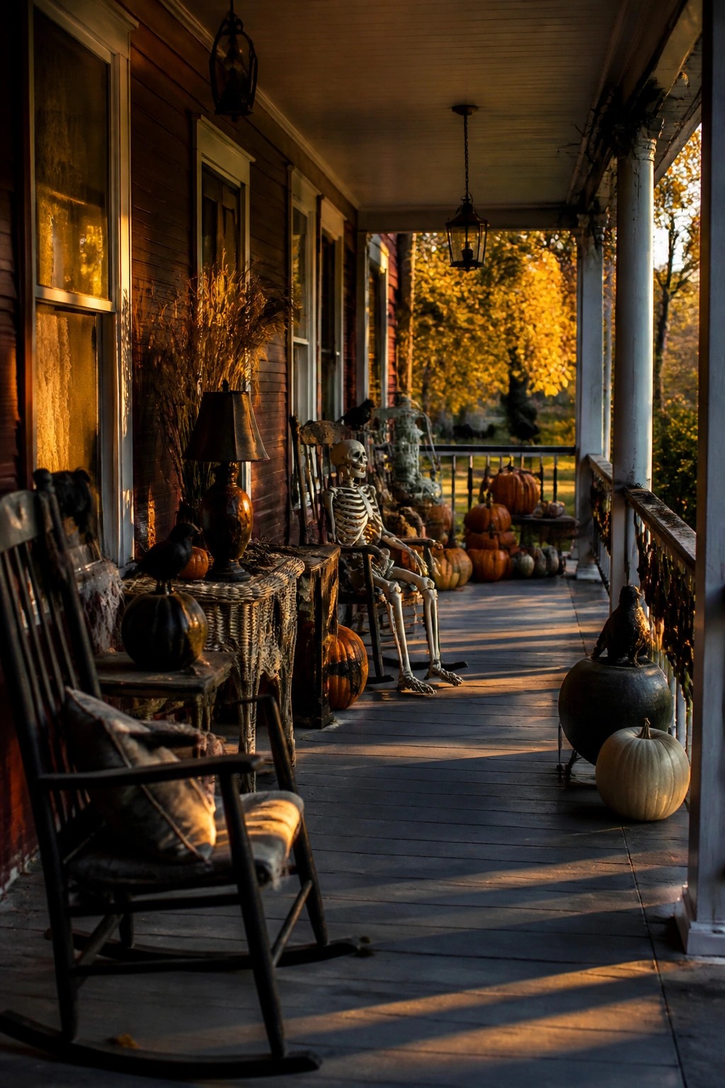 Front porch with a skeleton seated in a rocking chair, surrounded by pumpkins, black birds, and autumn light.