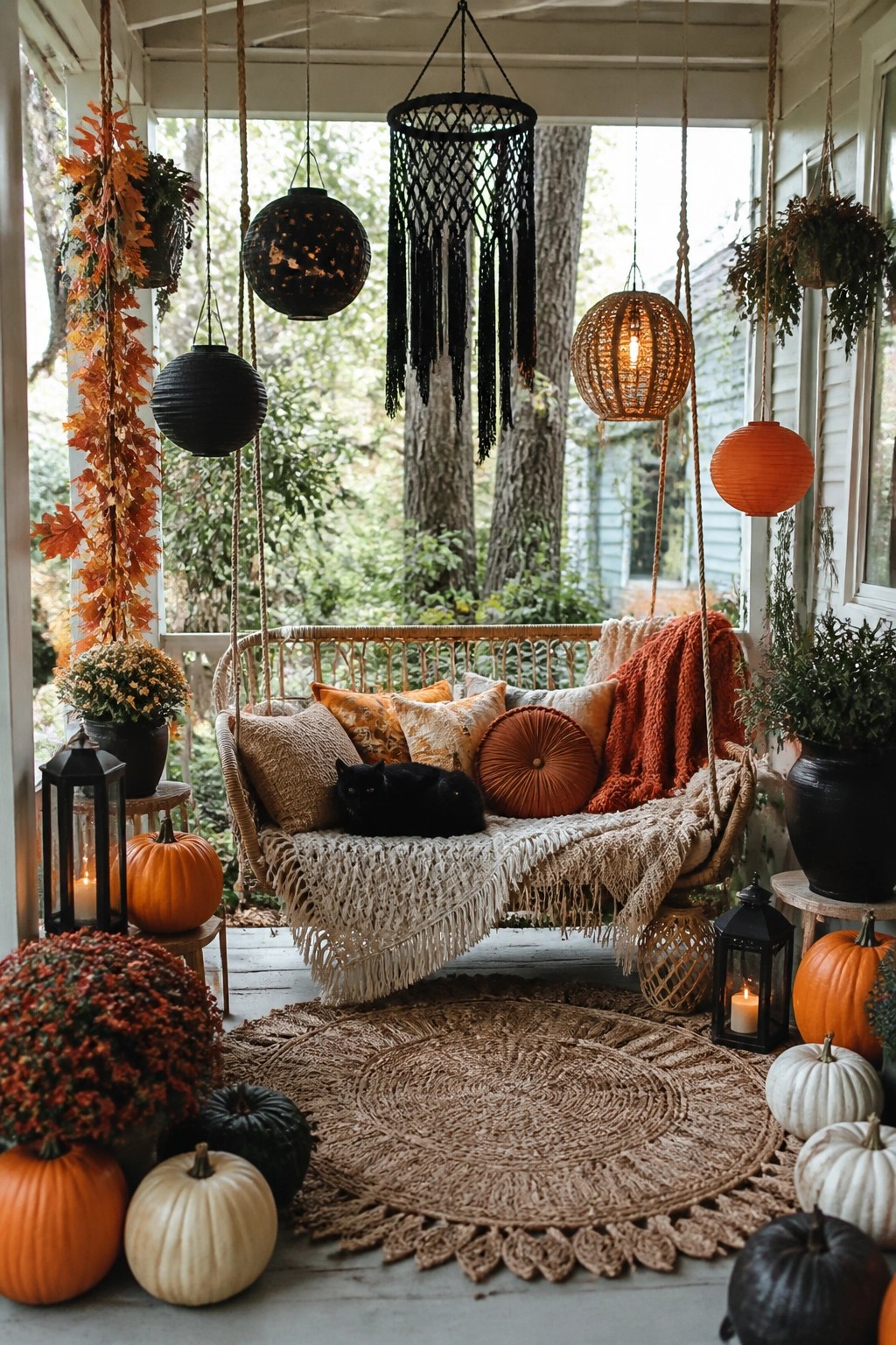 Front porch with a hanging rattan swing holding a black cat, surrounded by orange and white pumpkins, black lanterns, and hanging paper lanterns.