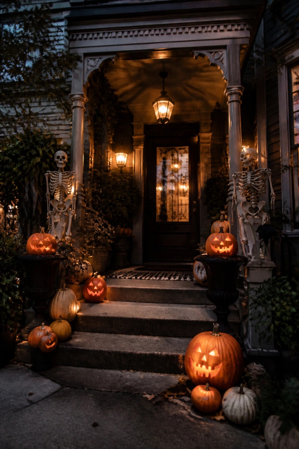Front porch with two standing skeletons flanking the entrance and multiple carved glowing jack o' lanterns arranged on the steps and in urns.