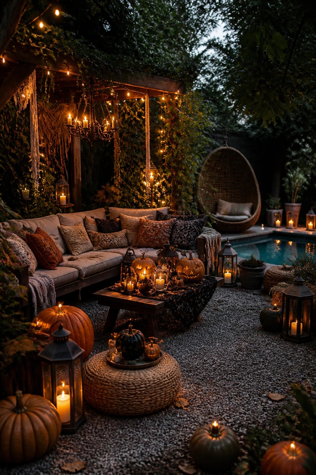 Outdoor patio with carved jack o lanterns and lanterns placed around a sofa, coffee table, and gravel area at night.