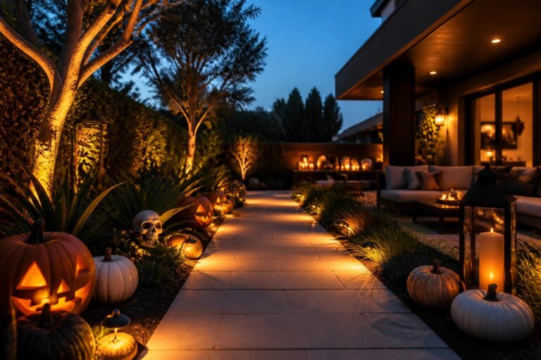 Stone outdoor walkway at dusk lined with small lights and pumpkins, with two illuminated skeletons standing near the glass doors of a modern house.