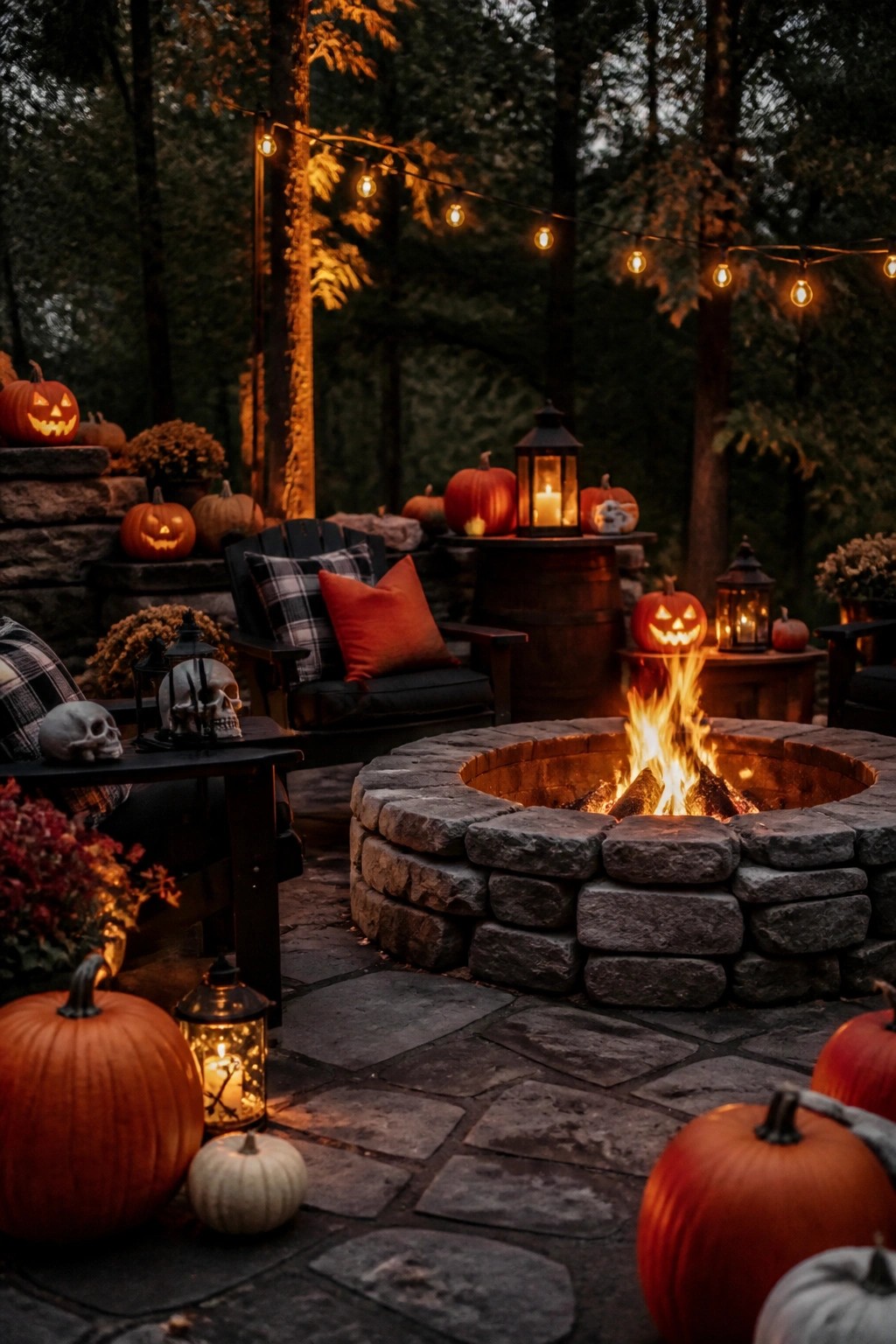Stone fire pit on a patio surrounded by carved jack o lanterns, lanterns, and string lights with pumpkins and chairs nearby.