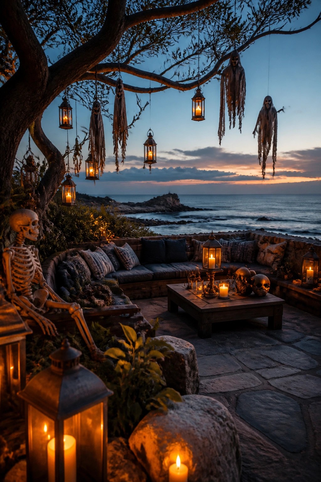 Outdoor patio with multiple white fabric ghosts hanging from tree branches, lit lanterns, a seated skeleton, and a stone bench overlooking the ocean at dusk.