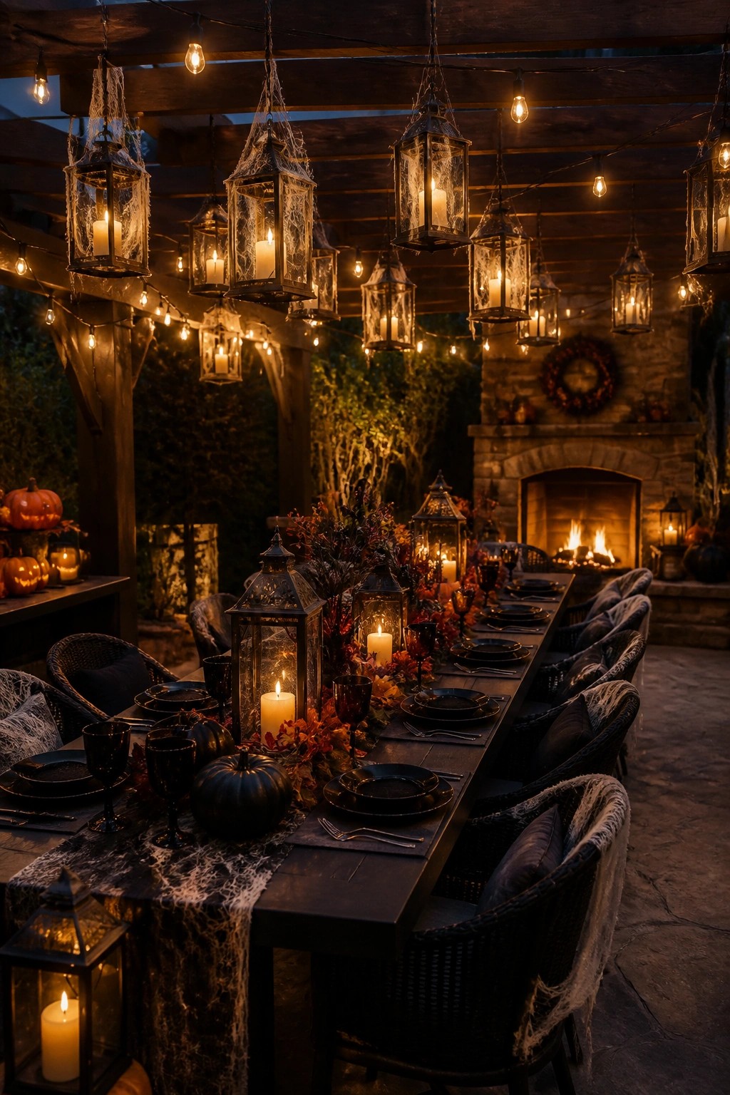 Halloween patio table with black plates, pumpkins, lanterns, string lights, and stone fireplace