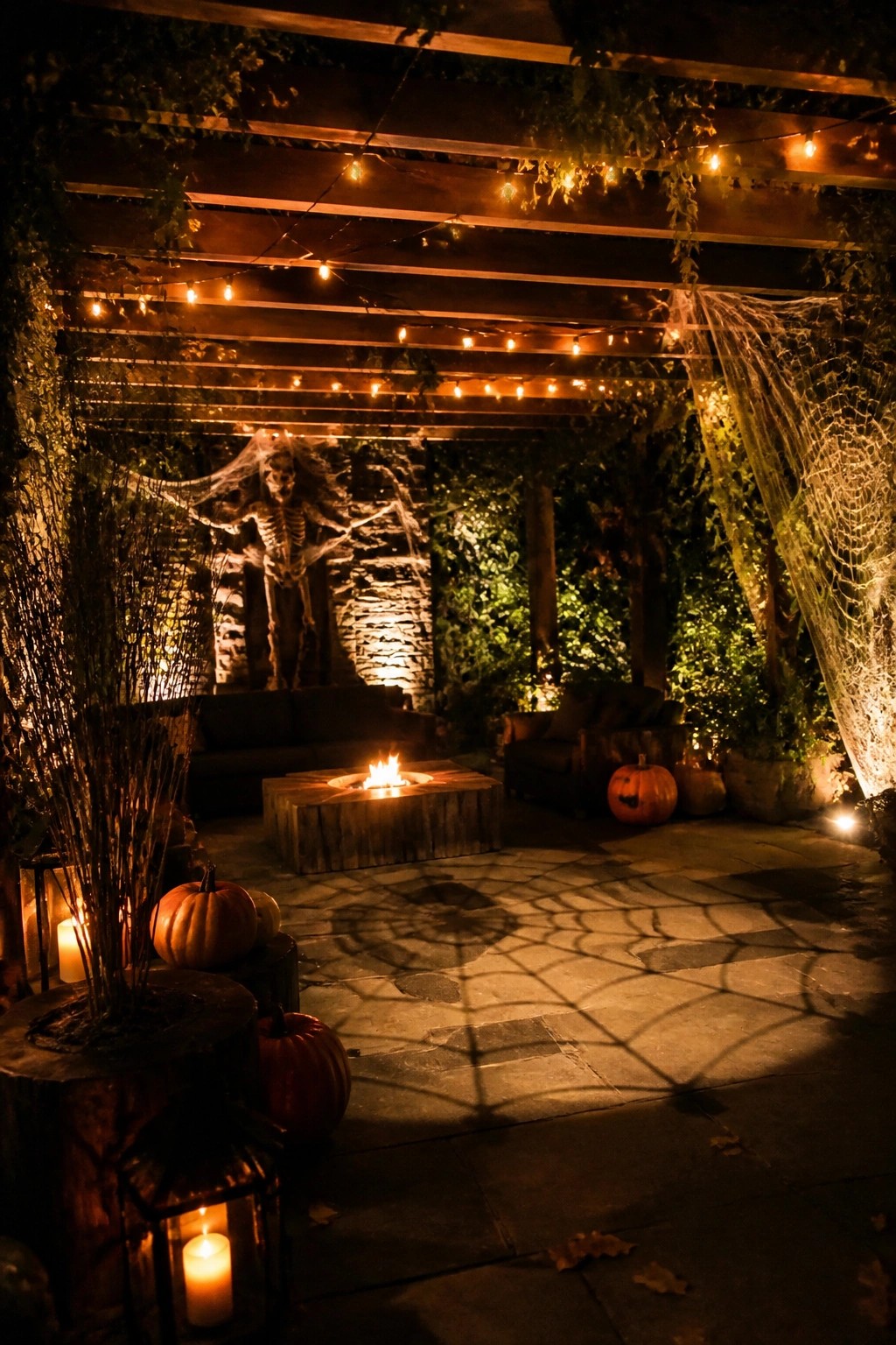 Covered outdoor patio at night with a large skeleton draped in spiderwebs against a stone wall, pumpkins, string lights, and a fire pit casting spiderweb shadows on the stone floor.