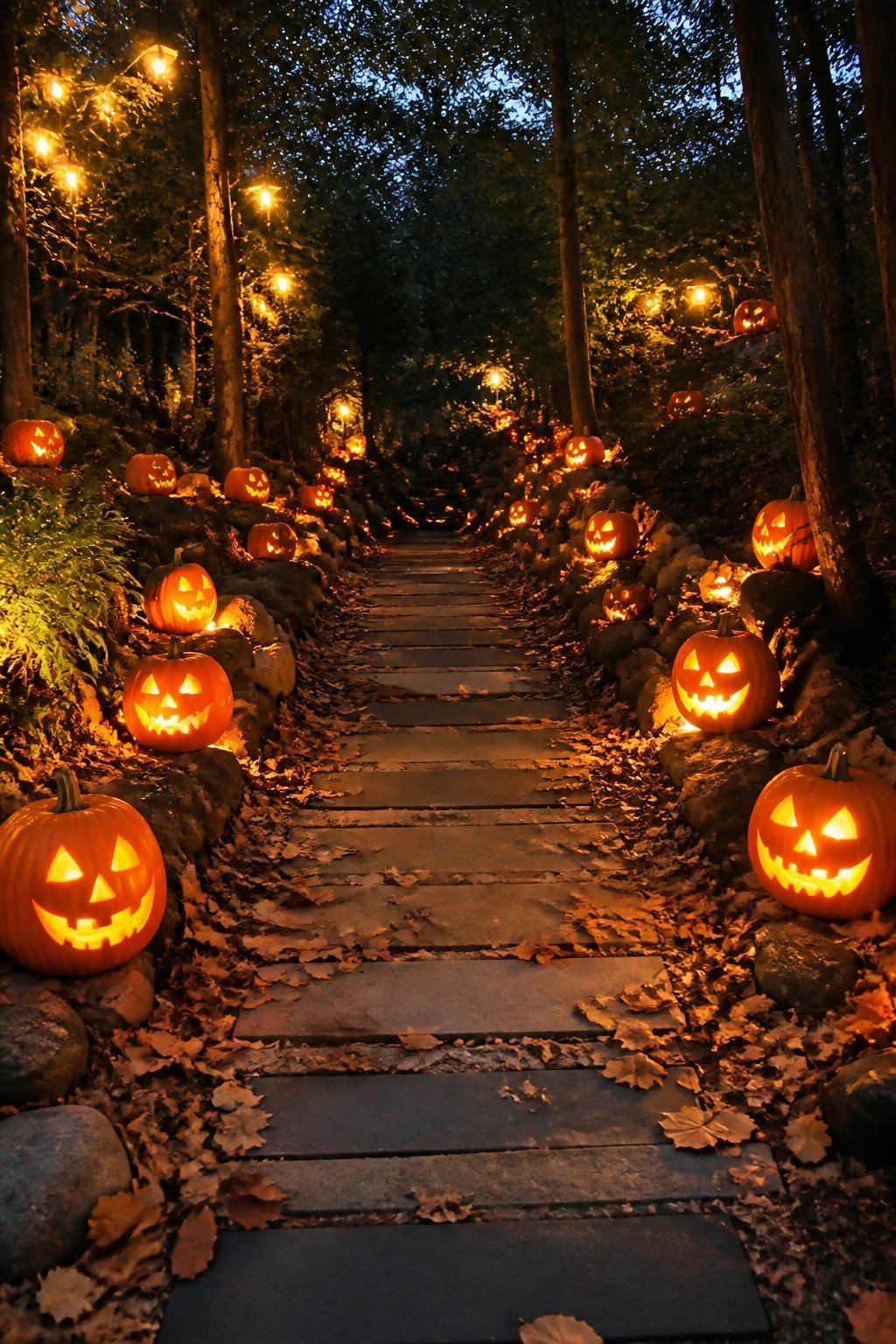 Glowing jack-o'-lanterns line a leaf-covered stone path through a dark forest at night