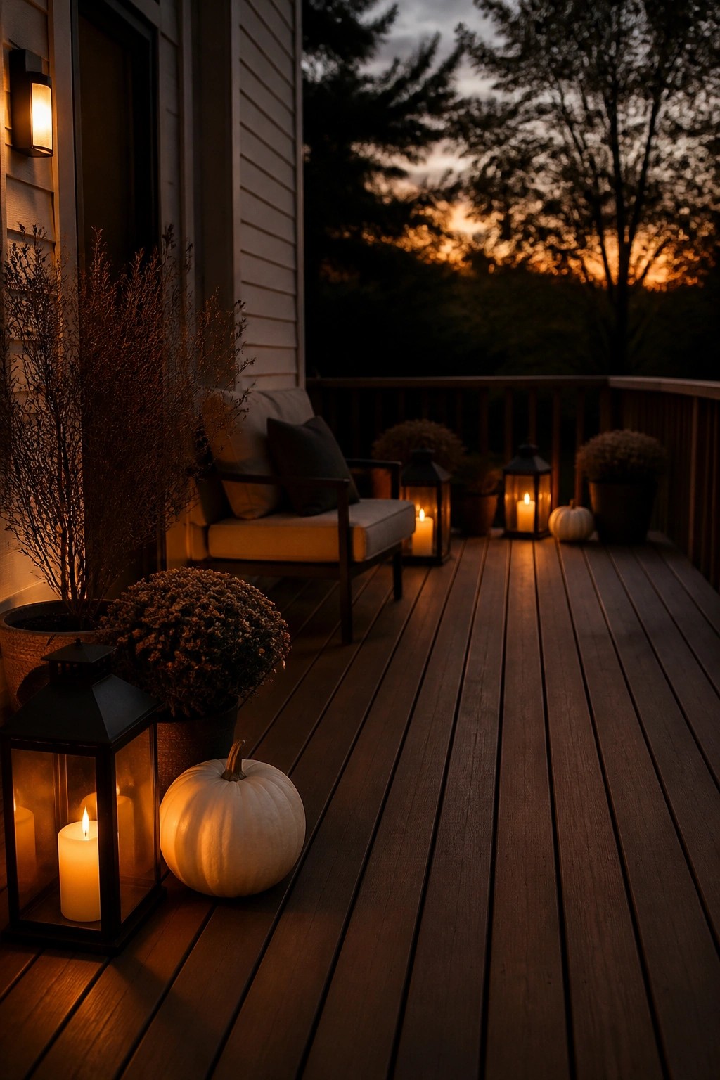 Wooden deck at dusk lined with lit black lanterns and white pumpkins beside potted plants.
