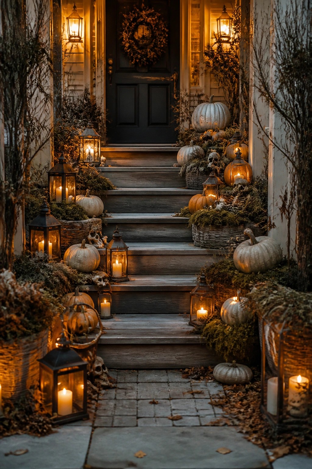 Front porch steps decorated with glowing lanterns, pumpkins, and skulls for Halloween.