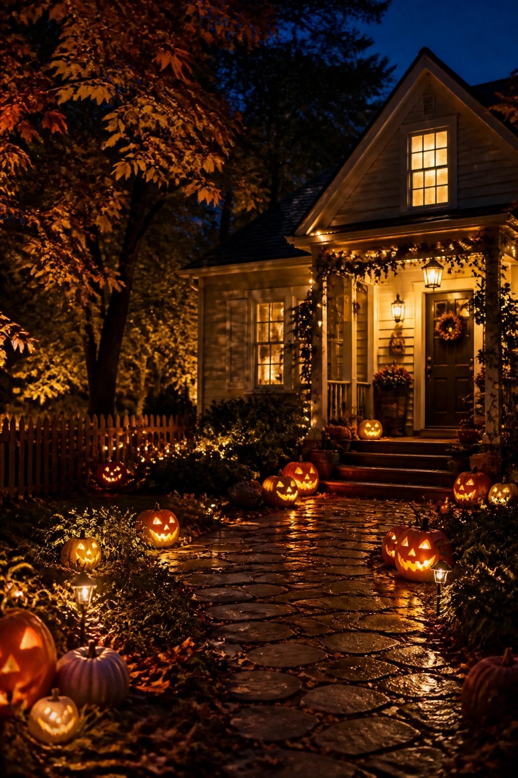Stone walkway lined with glowing carved pumpkins leading to a front porch decorated with string lights and more jack o lanterns.