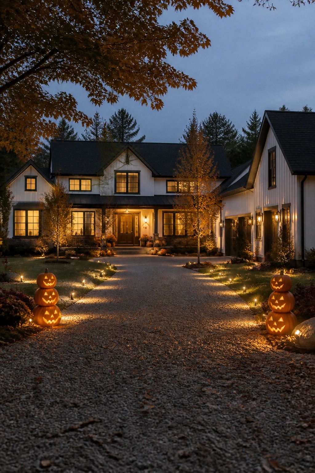 Stacked jack-o'-lanterns line gravel driveway to lit two-story house at dusk