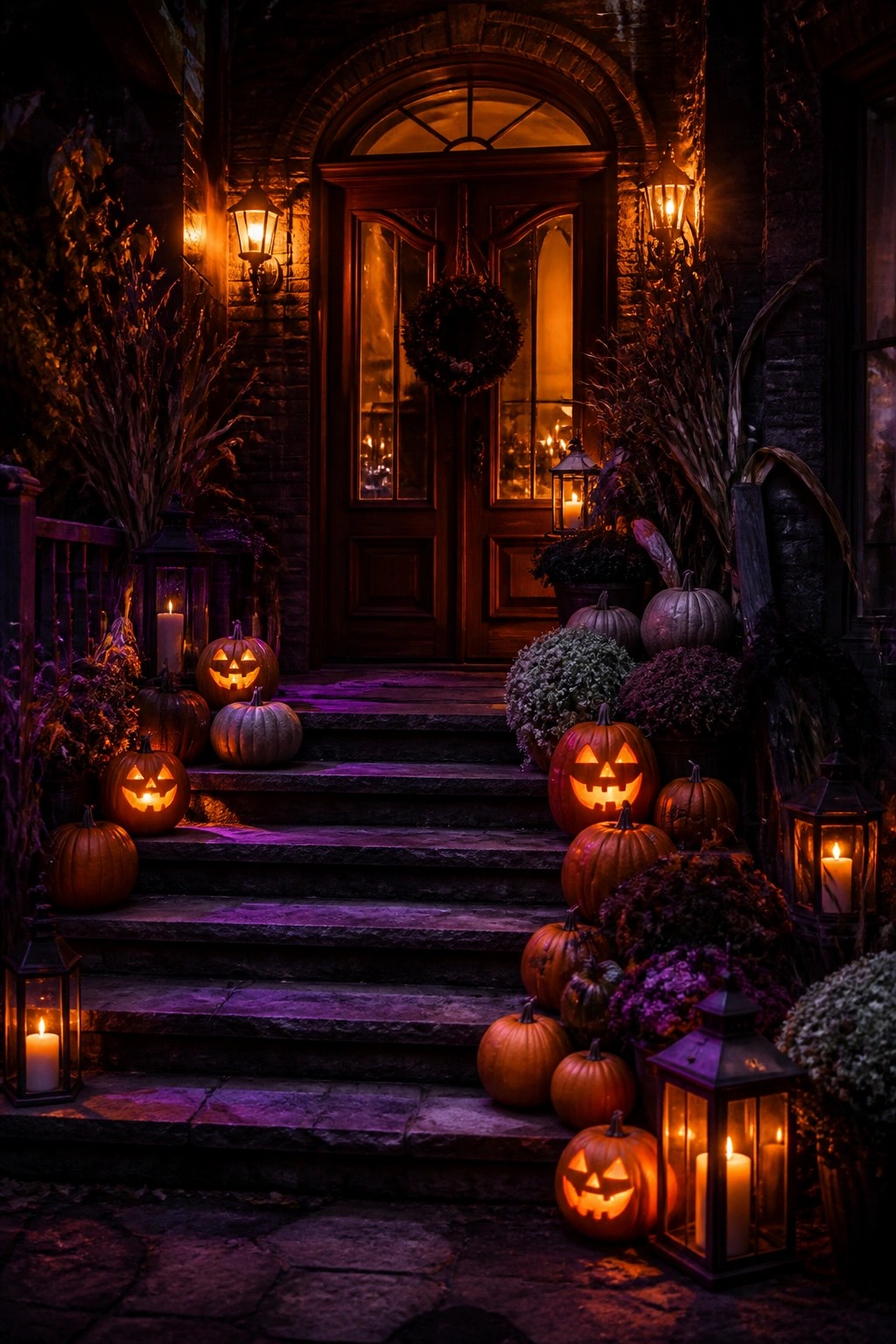 Front steps lined with glowing carved pumpkins and lanterns leading to a wooden door at night.