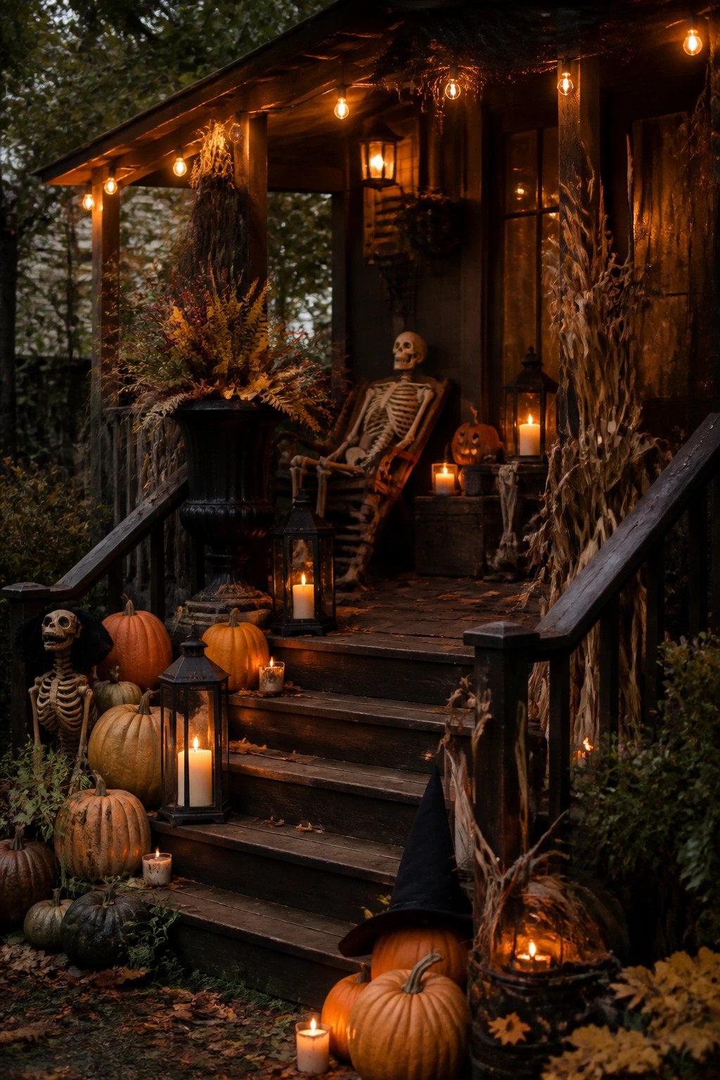 Eerie Halloween porch with skeletons, pumpkins, glowing lanterns, candles, and string lights.