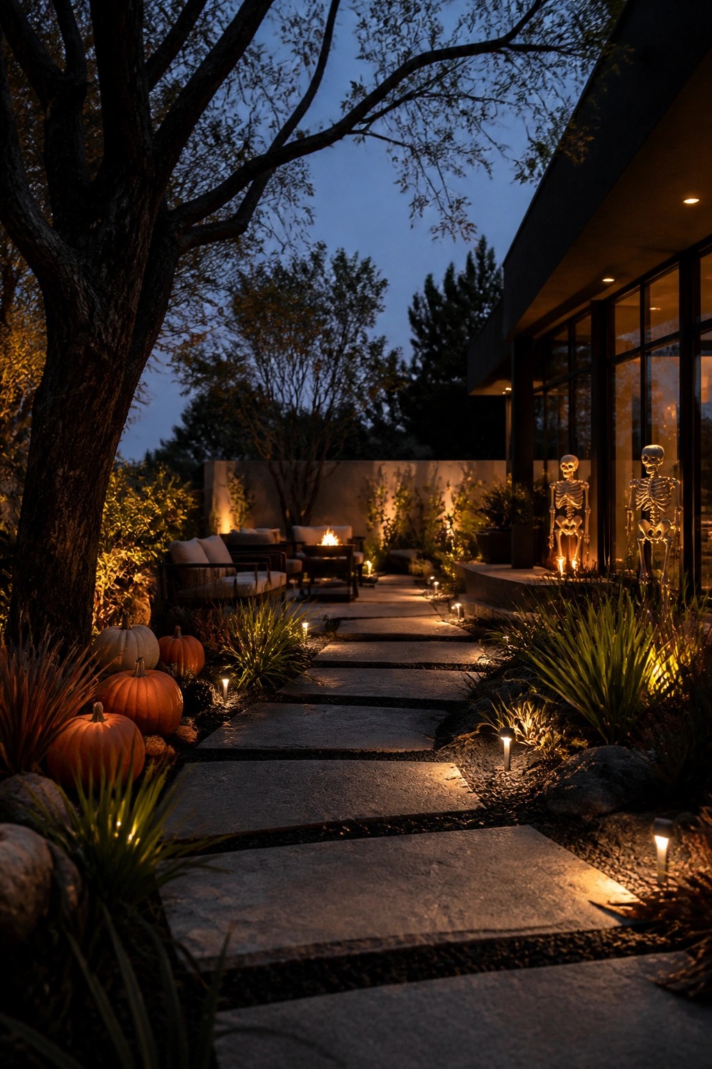 Stone outdoor walkway at dusk lined with small lights and pumpkins, with two illuminated skeletons standing near the glass doors of a modern house.