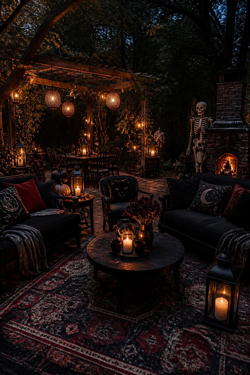 Spooky patio with black sofas, cat, skeletons, pumpkins, lanterns, and glowing fireplace at night