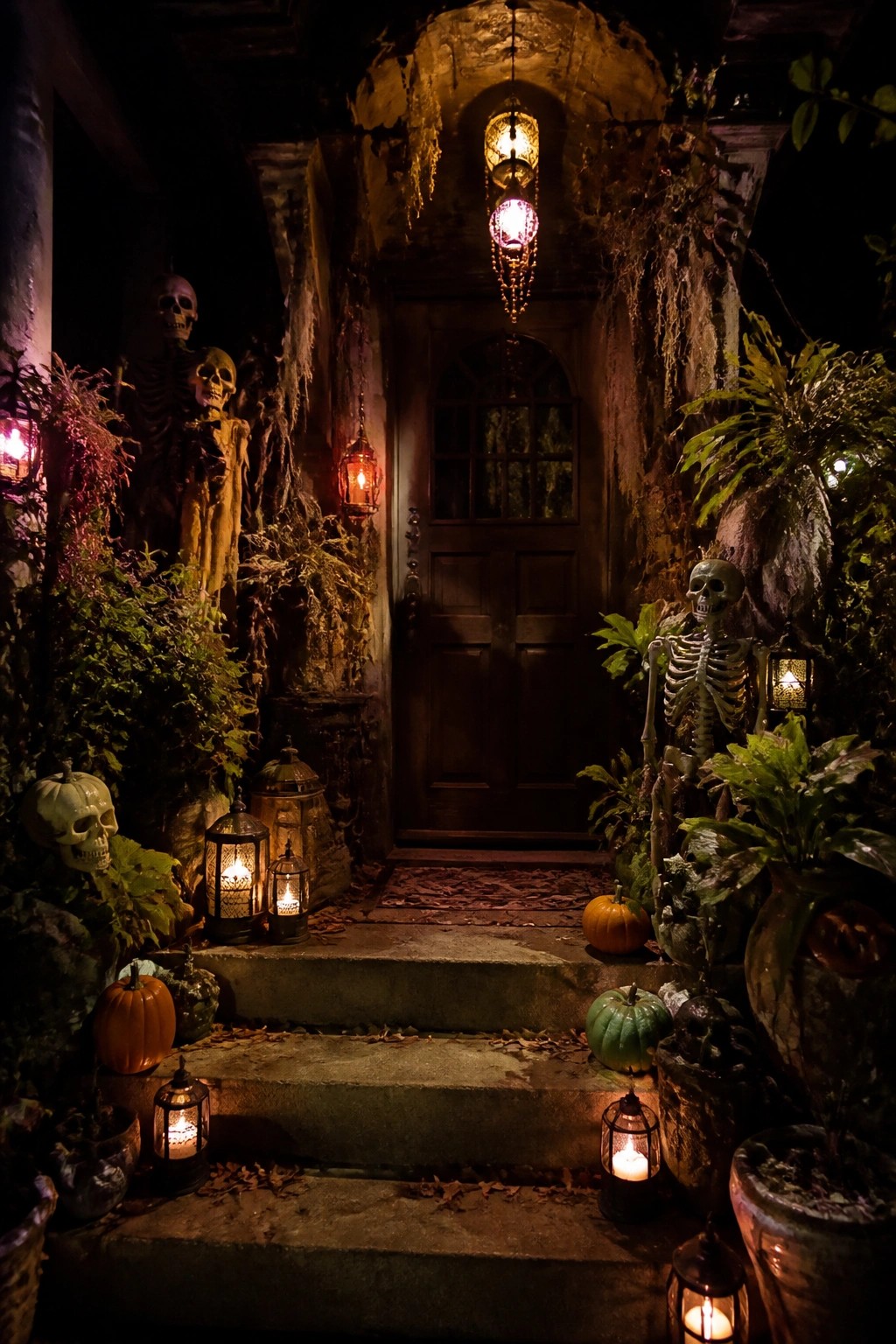 Spooky stone doorway with skeletons, pumpkins, lanterns, and hanging lights at night.