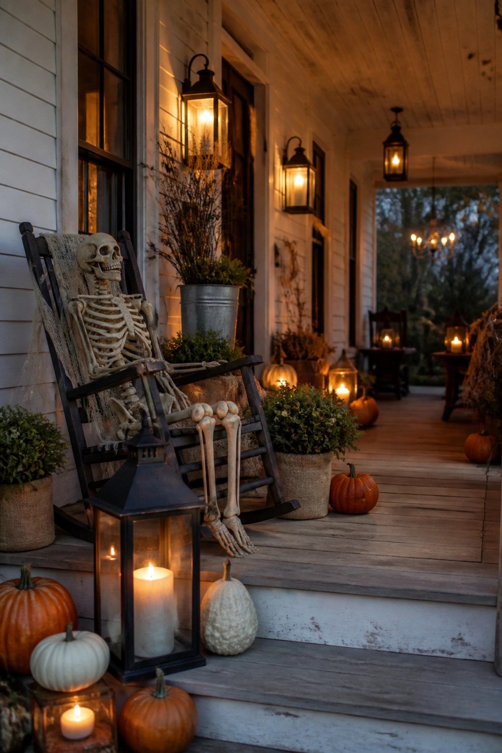 A skeleton seated in a rocking chair on a wooden front porch with lanterns, pumpkins, and plants nearby.