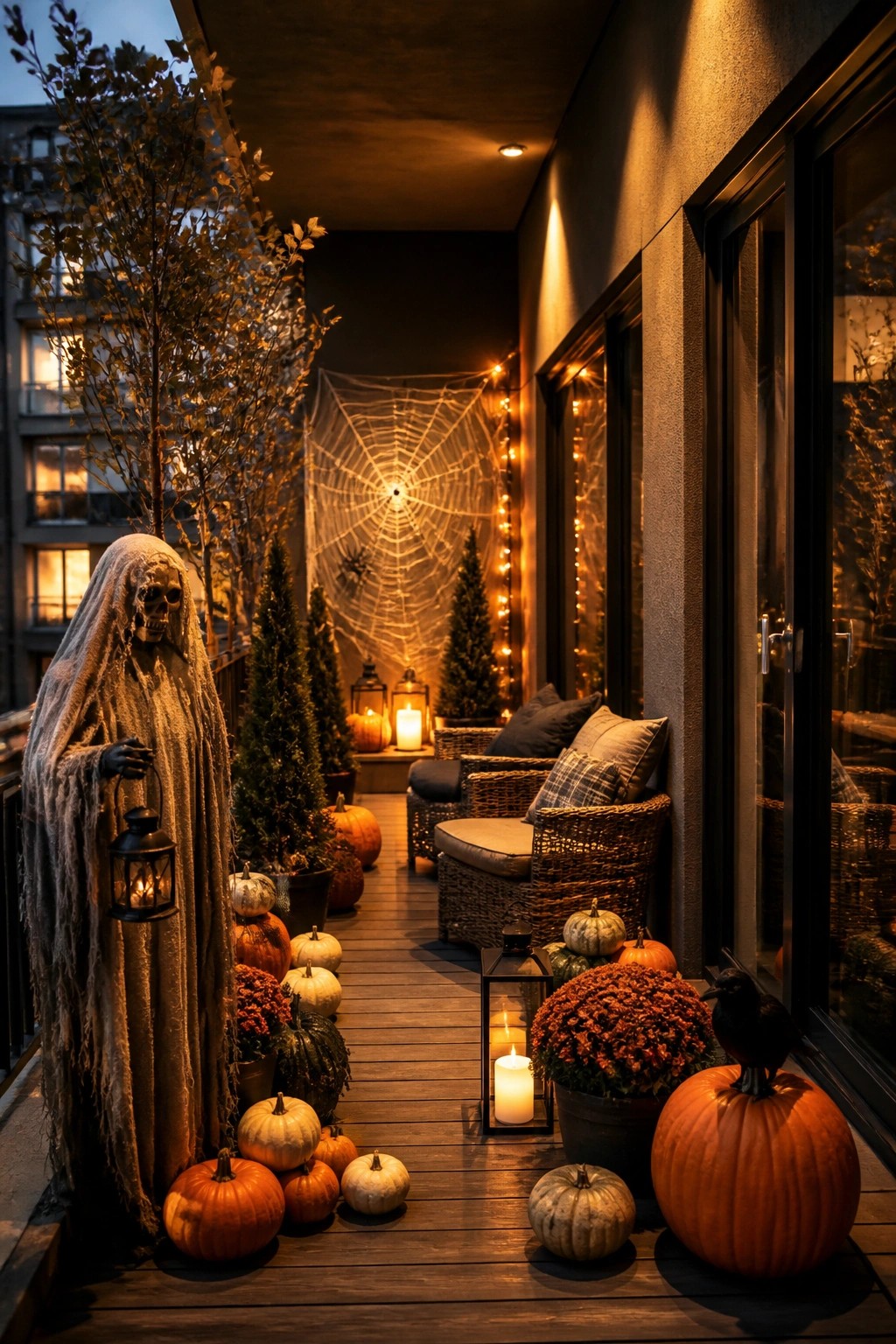 Ghostly skeleton amid pumpkins, spiderweb, lanterns, and wicker chairs on Halloween balcony