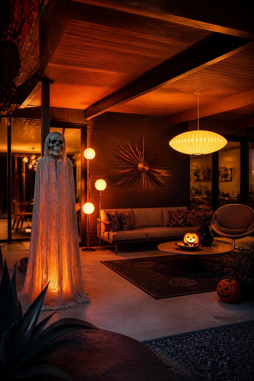 Covered outdoor patio at night with a tall glowing ghost figure in white fabric standing near a sofa, lit jack o lanterns on a table, and warm overhead lighting.