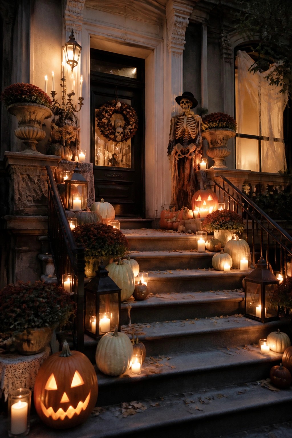 Front porch steps decorated with a standing skeleton in a hat, carved glowing pumpkins, and multiple lanterns with candles.