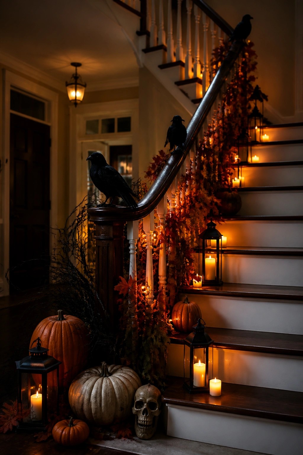 Halloween staircase with black crows, pumpkins, lit lanterns, candles, and skull.