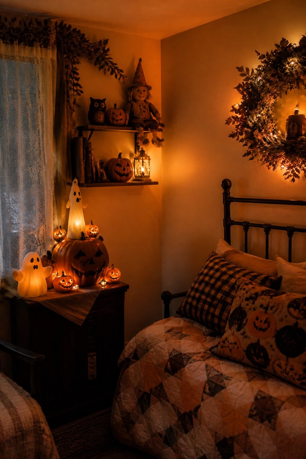 Cozy Halloween bedroom with glowing ghost lamps, carved pumpkins, and autumn wreaths.
