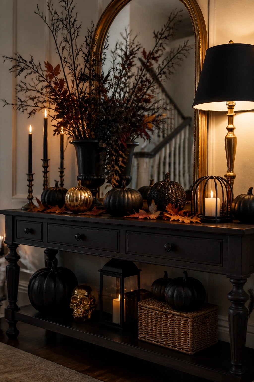 Dark console table styled with black branches in vases, black and gold pumpkins, a golden skull, and lit candles for Halloween.