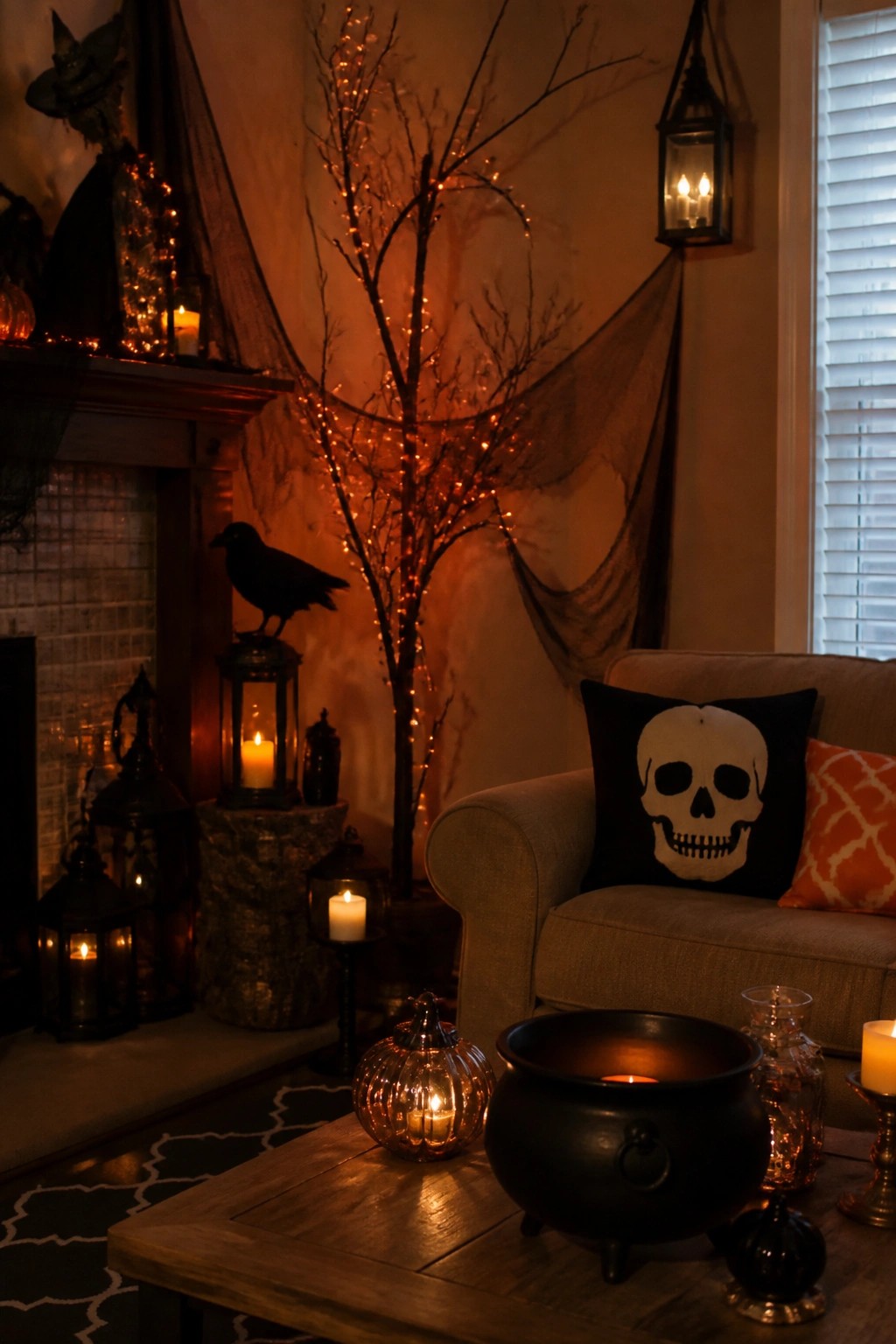 Living room mantel styled for Halloween with a black crow, witch hat, lanterns, and lit branches.